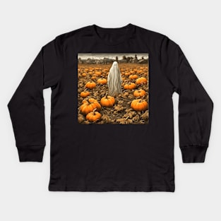 The Haunted Pumpkin Patch With A Lonely Ghost Kids Long Sleeve T-Shirt